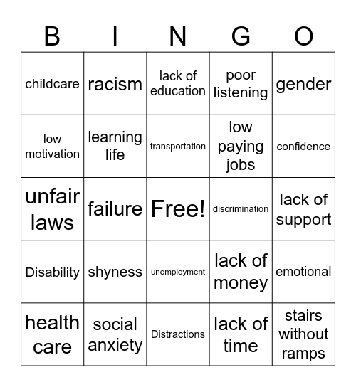 BARRIERS Bingo Card