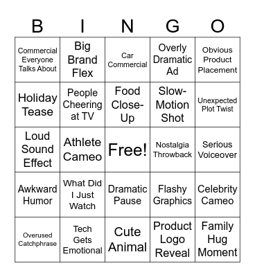 Super Bowl - Commercial Bingo Card