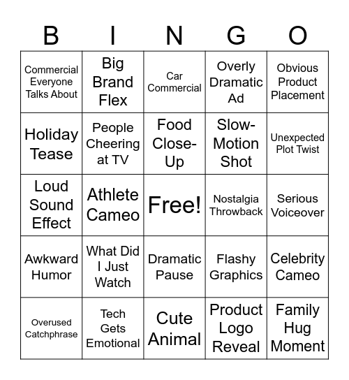 Super Bowl - Commercial Bingo Card