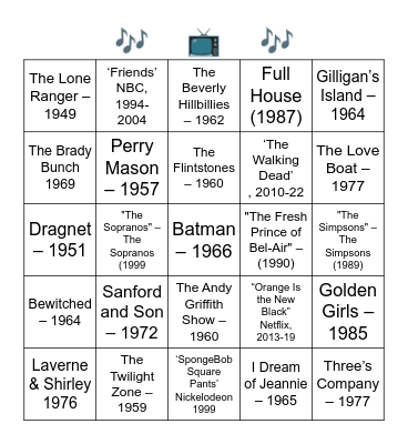 TV THEME SONGS Bingo Card