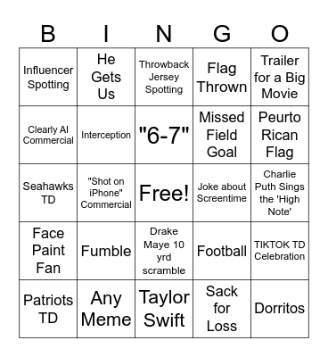Super Bowl Bingo Card
