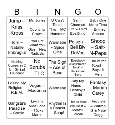 90's Hits Bingo Card