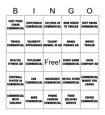 Super Bowl Commercial BINGO Card