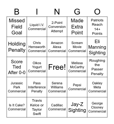 Super Bowl Bingo Card