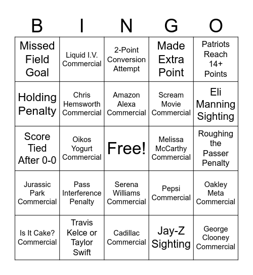 Super Bowl Bingo Card