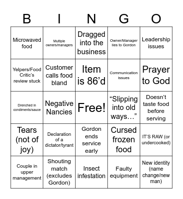 Kitchen Nightmares Bingo Card