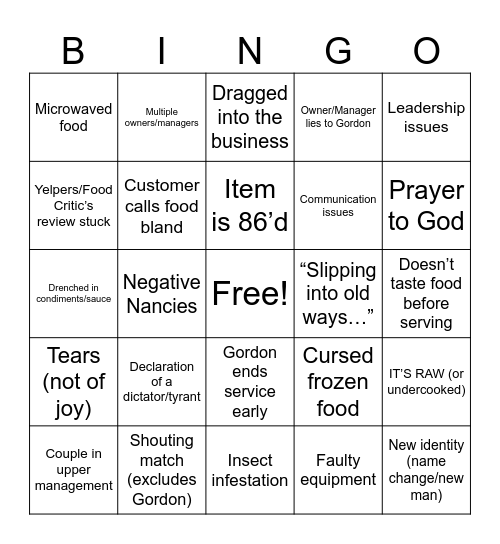 Kitchen Nightmares Bingo Card