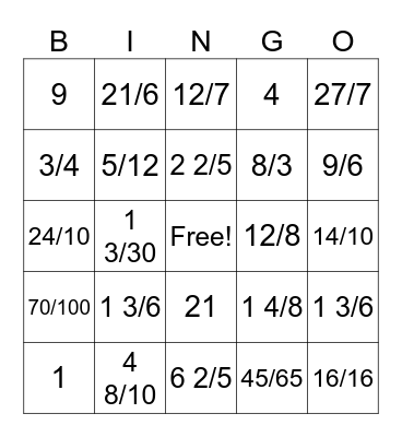 Multiplying Fractions Bingo Card