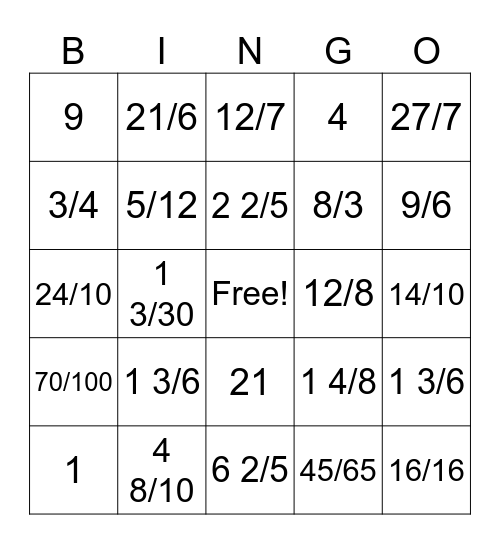 Multiplying Fractions Bingo Card