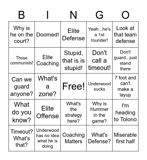 JJ Quips and Phrases - Northwestern Game Bingo Card