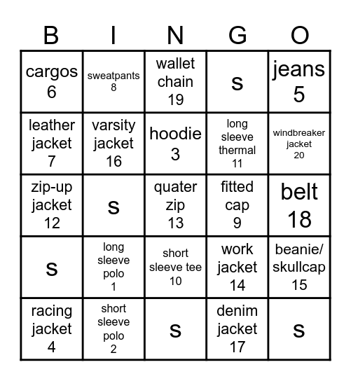choose an item fn Bingo Card