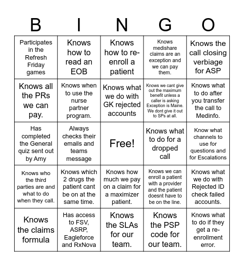 CRx Wednesday Fun Bingo Card