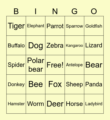 Animal Bingo Card