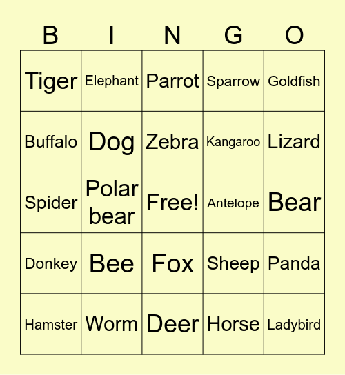 Animal Bingo Card