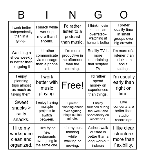 Hot Take Bingo Card