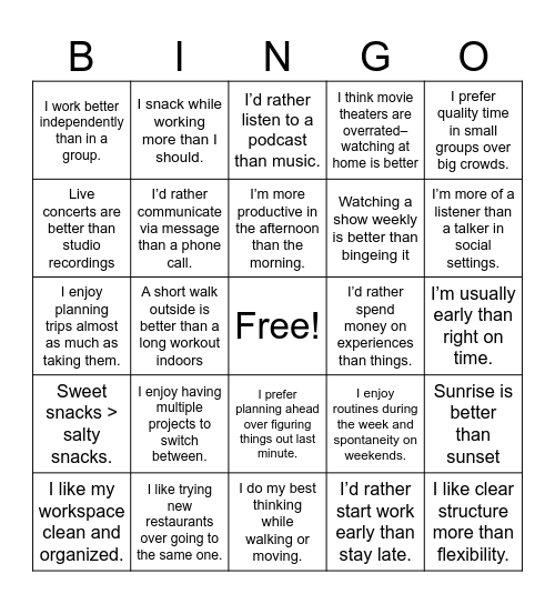 Hot Take Bingo Card