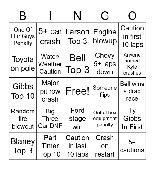NASCAR Bingo Card