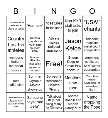 2026 Winter Olympics Bingo Card
