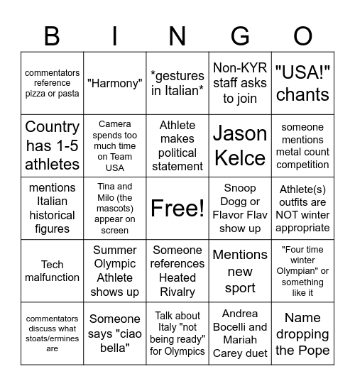 2026 Winter Olympics Bingo Card