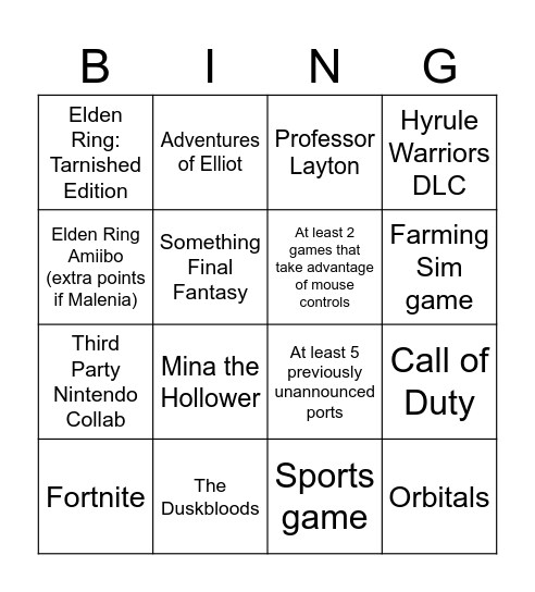 Nintendo Partner Direct - February 5, 2026 Bingo Card