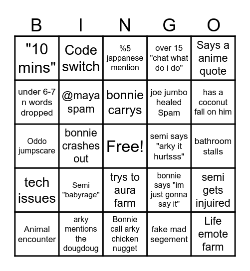 24Hr island Arky X Bonnie Bingo Card
