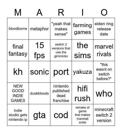 nindie pindie shindie Bingo Card