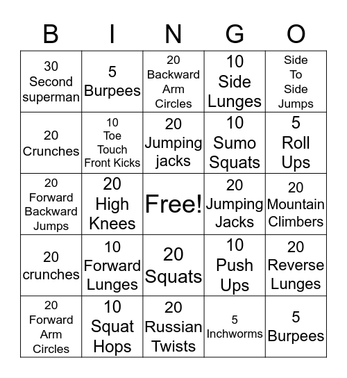 Workout BINGO! Bingo Card