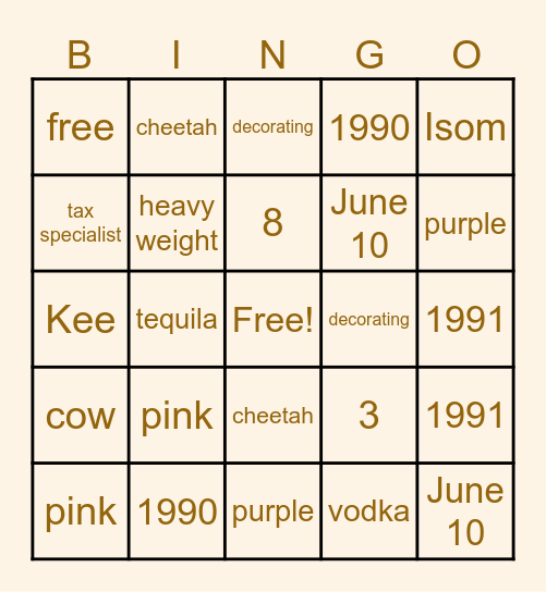 Quin's Bridal Shower Bingo Card