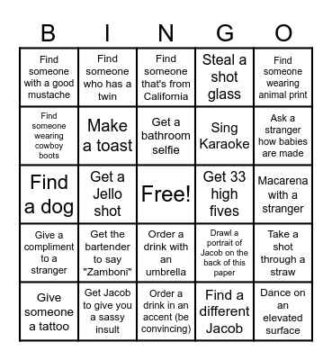 Jacob's Birthday Bingo Card