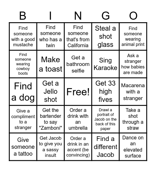 Jacob's Birthday Bingo Card