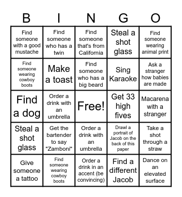 Jacob's Birthday Bingo Card
