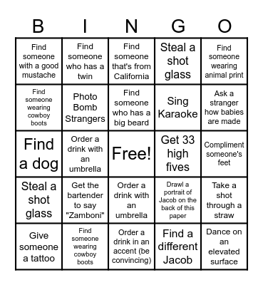 Jacob's Birthday Bingo Card