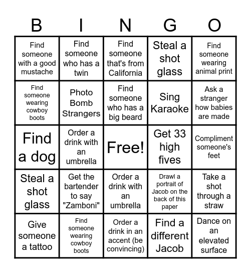 Jacob's Birthday Bingo Card