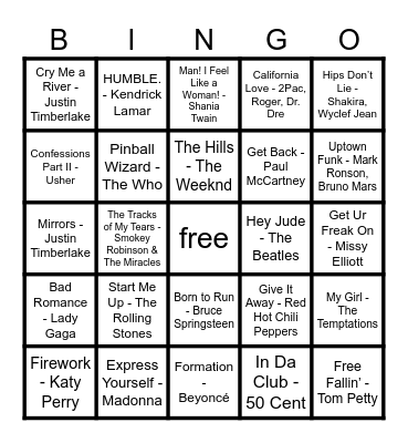super bowl performances music bingo Card