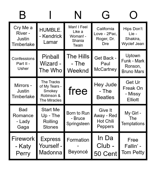 super bowl performances music bingo Card