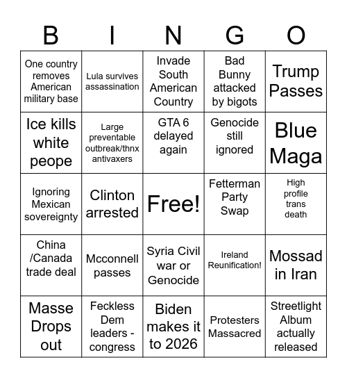 2026 Prediction board Bingo Card