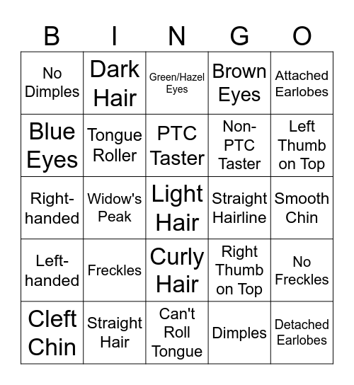 HUMAN Dominant/Recessive Traits Bingo Card
