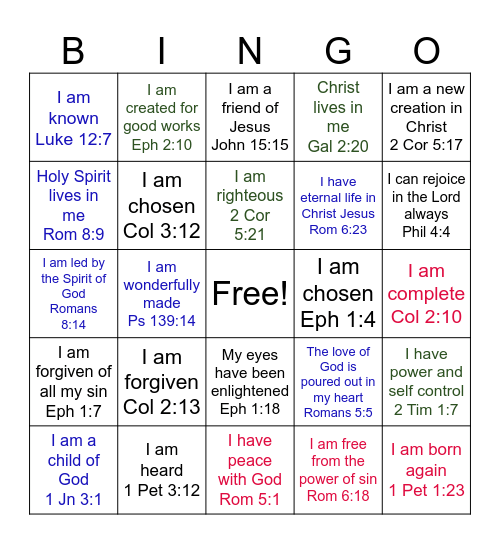 Who I Am In Christ Bingo Card