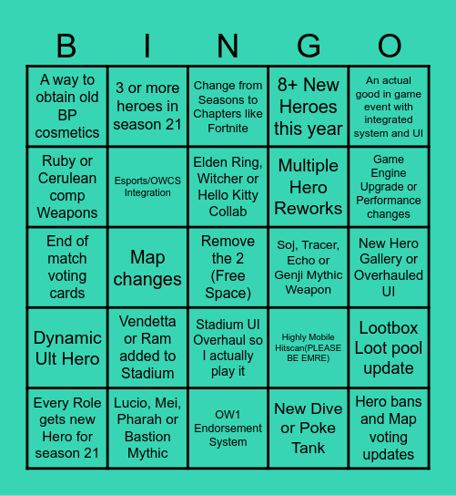 Overwatch Spotlight Bingo Card