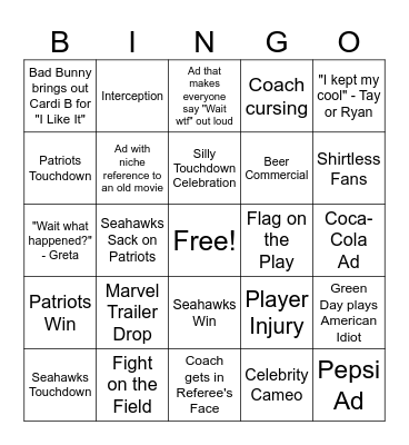 SuperBowl 2026 Bingo Card