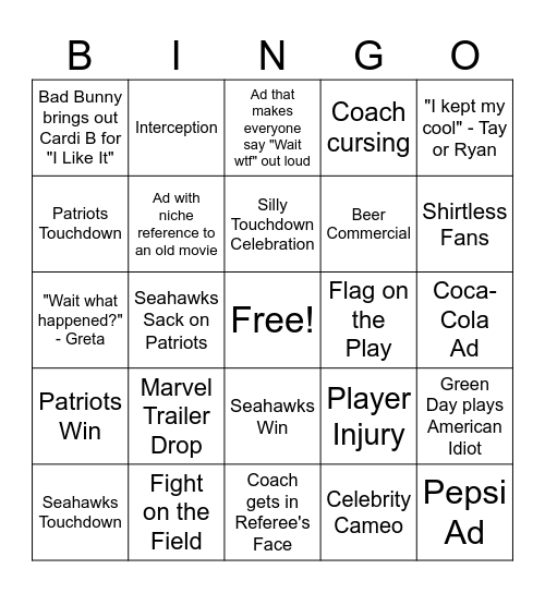 SuperBowl 2026 Bingo Card