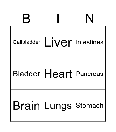Internal organs Bingo Card