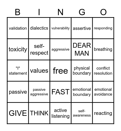 DBT Interpersonal Effectiveness Bingo Card