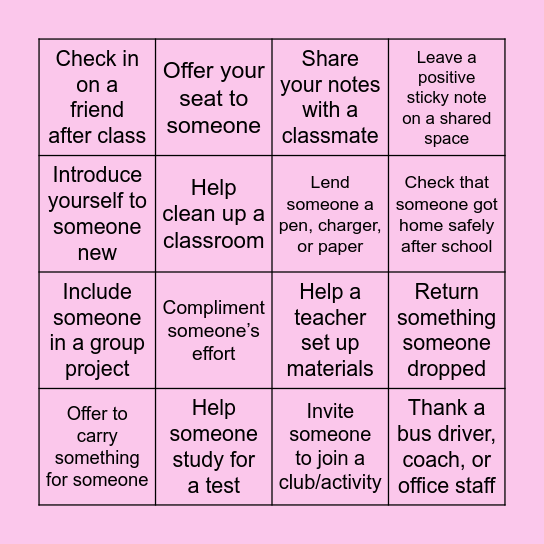 NHS Kindness Bingo Card