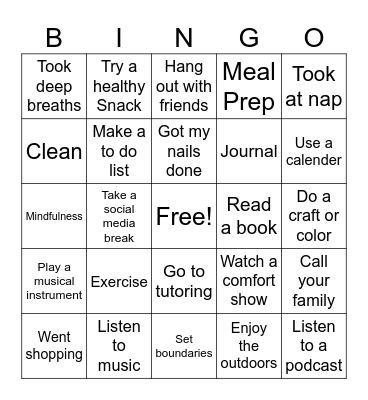Self Care Bingo Card
