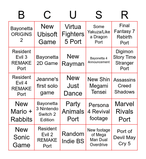 Nintendo Switch Partner Direct Bingo Card