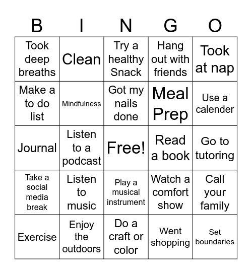 Self Care Bingo Card