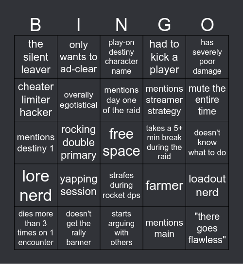 D2 RAID BINGO Card