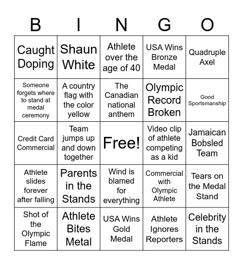 2026 Winter Olympics Bingo Card