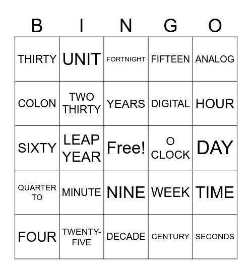 THE CLOCK Bingo Card